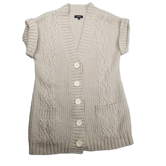Express Women L Cardigan Sweater Short Sleeve Merino Wool Blnd Chunky Knit Beige - Picture 3 of 12